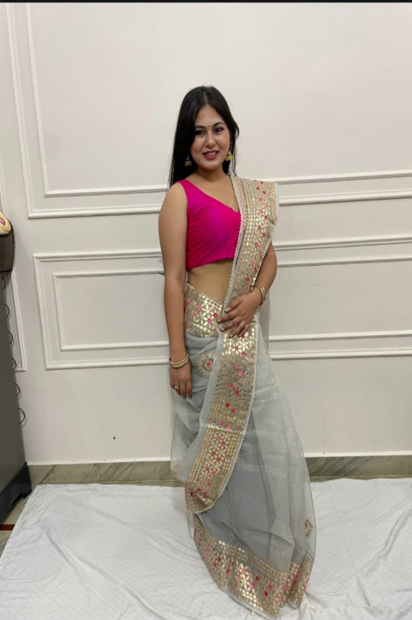 Kota Doria Zari Check Saree With Heavy Gotapatti Work & Dupian Blouse