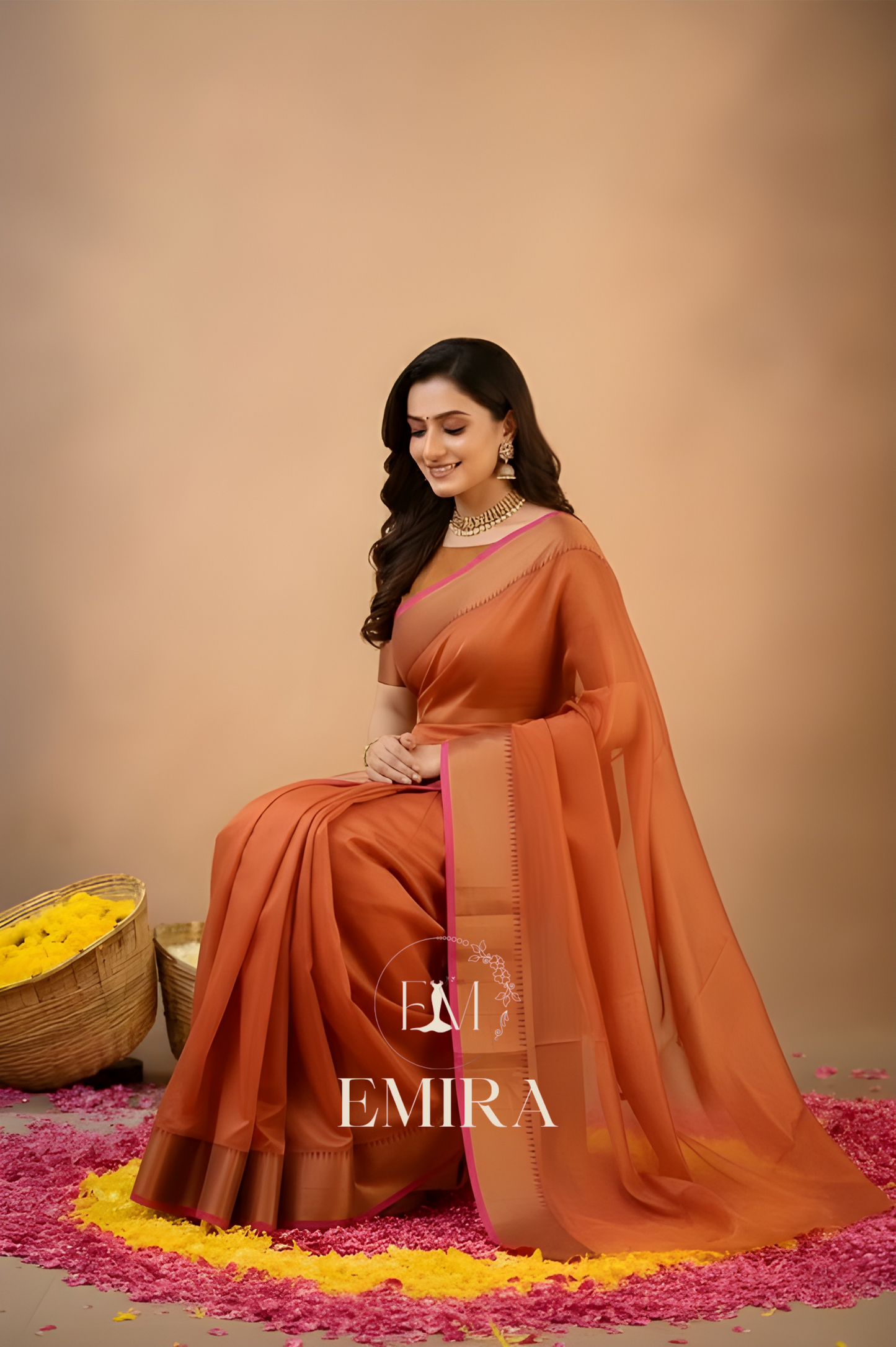 Emira Orange Handloom Style Cotton Tissue Saree