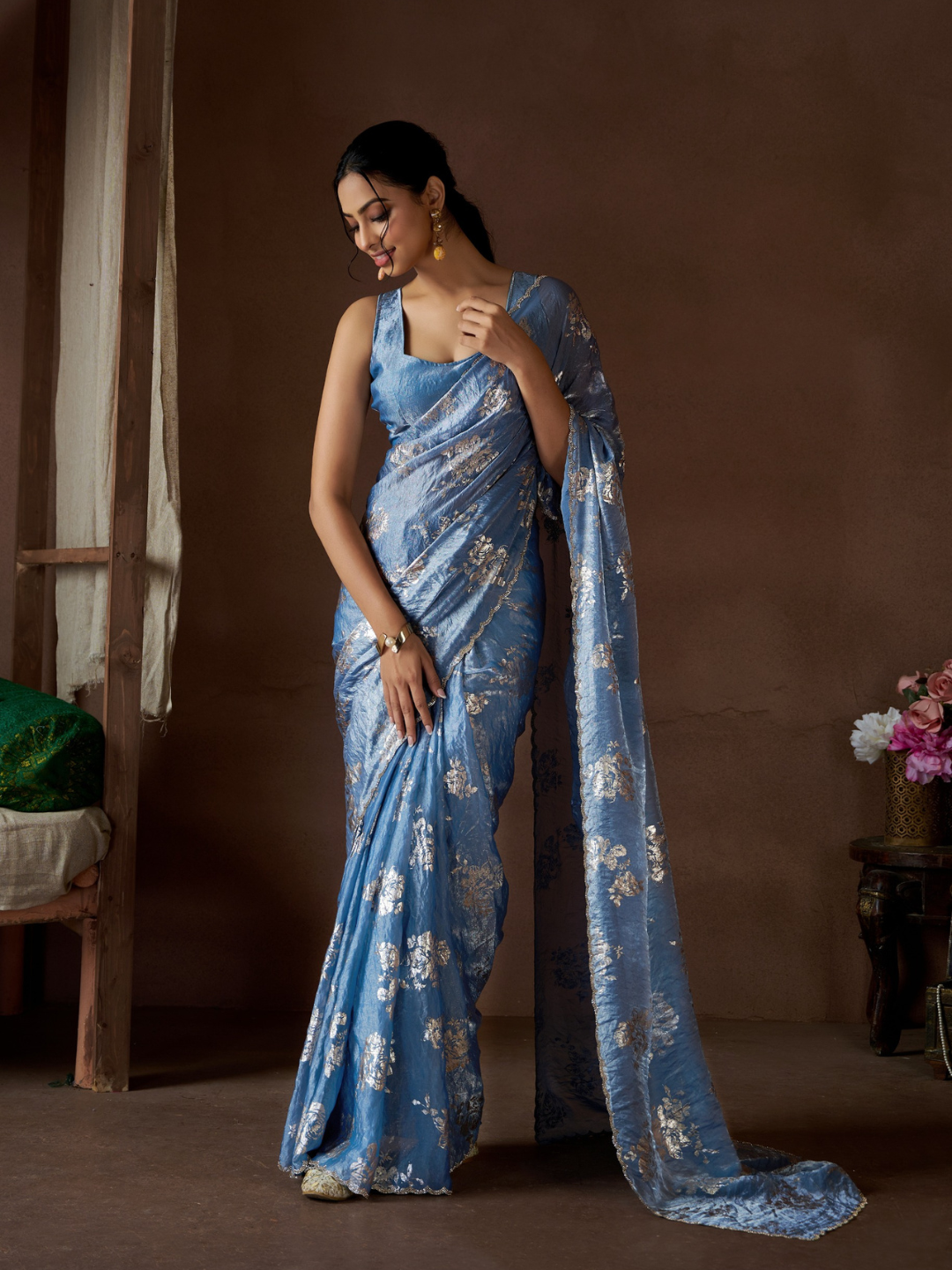 Premium NC Satin Silk Saree with Stunning Zarkan Borders and Foil Artistry