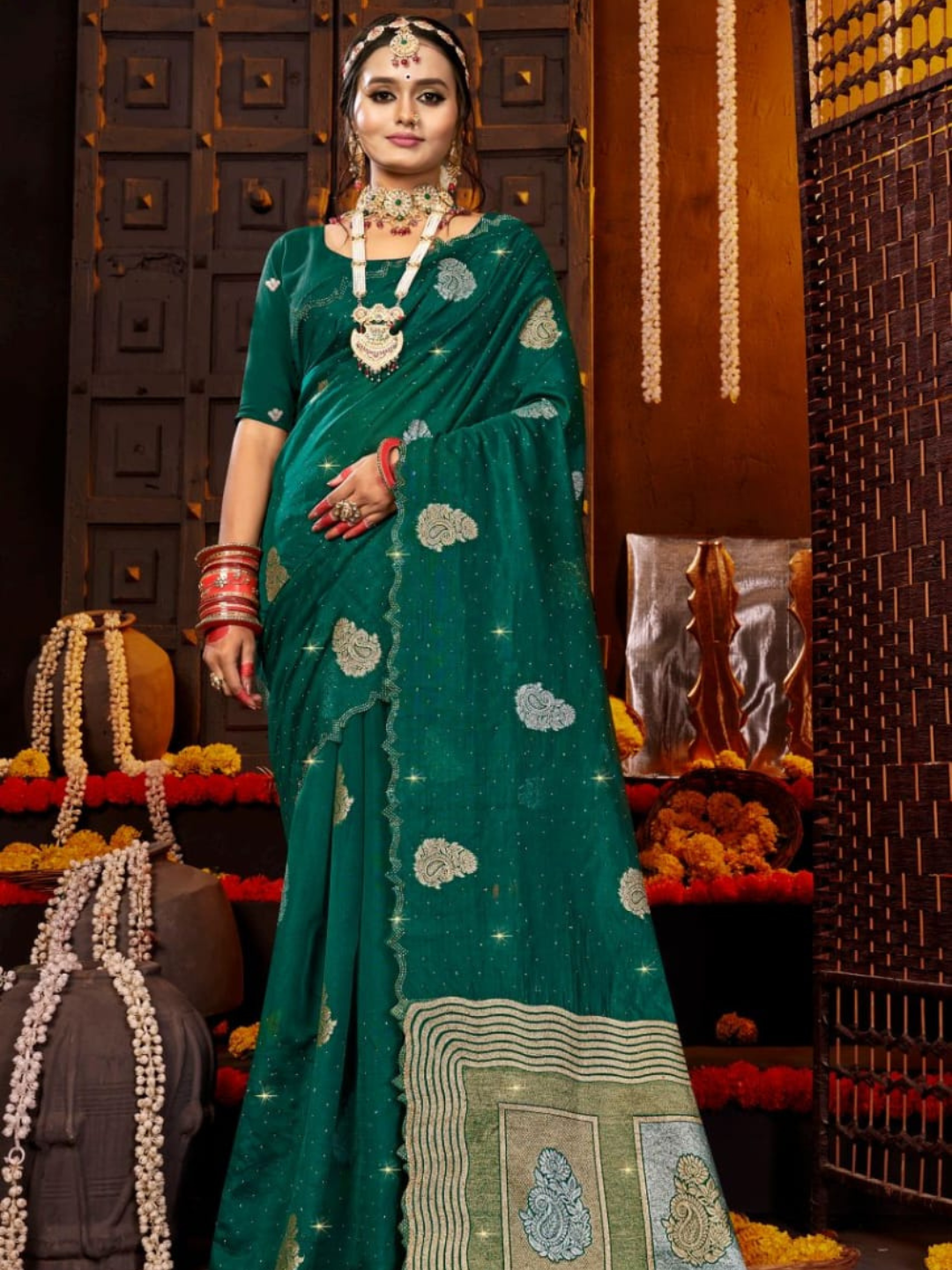 Soft Organja Cut Work Border With Swarovski Work Saree