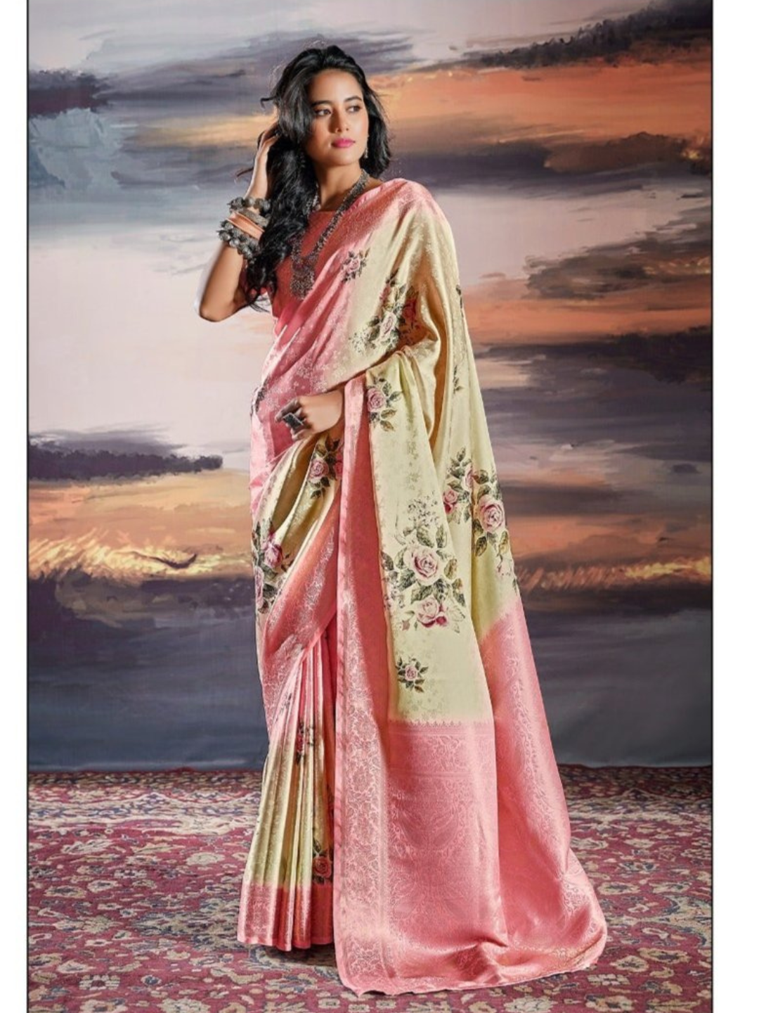 Floral Symphony Pink Digital Print Satin Silk Saree