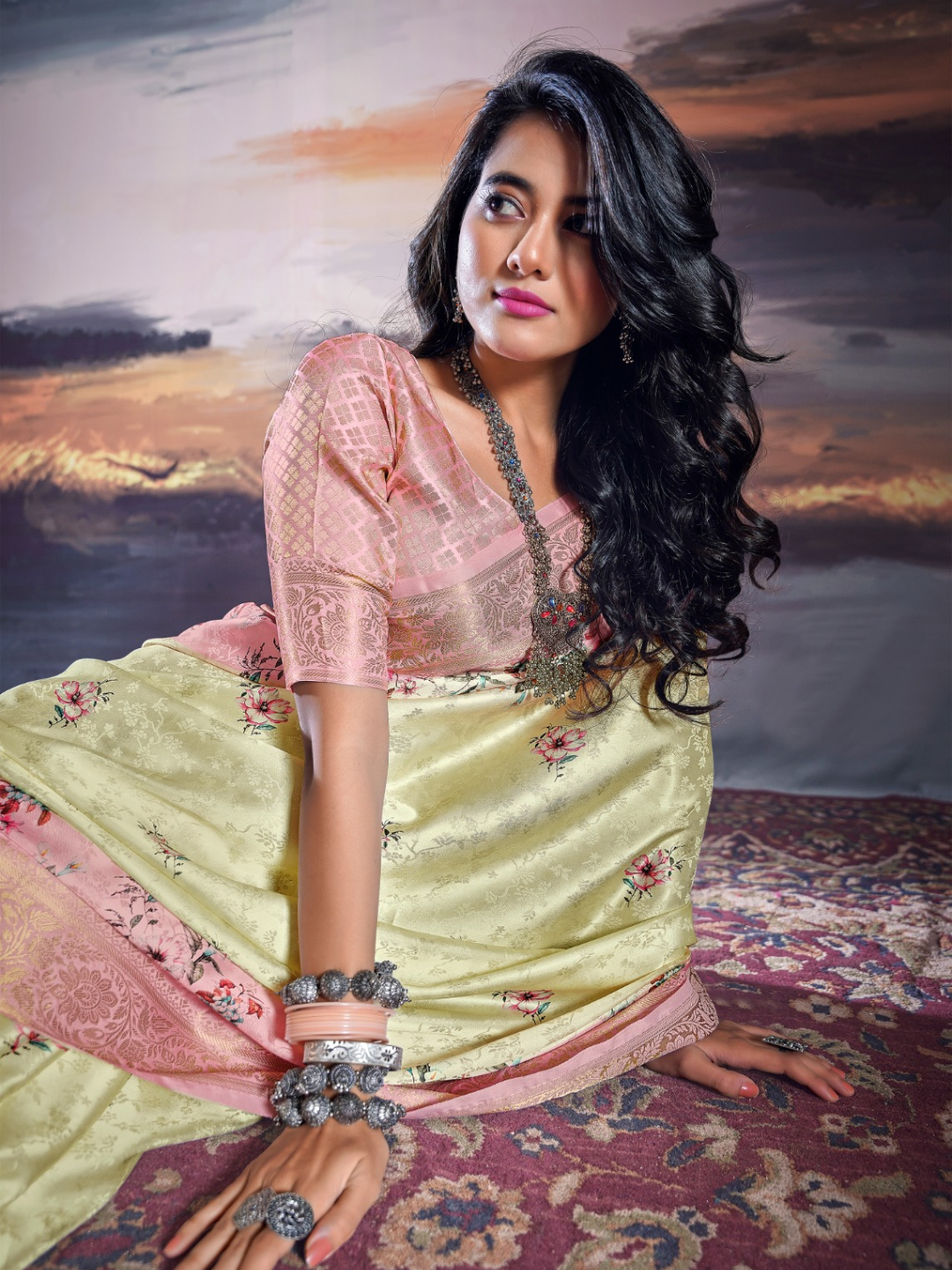 Floral Symphony Pink Digital Print Satin Silk Saree