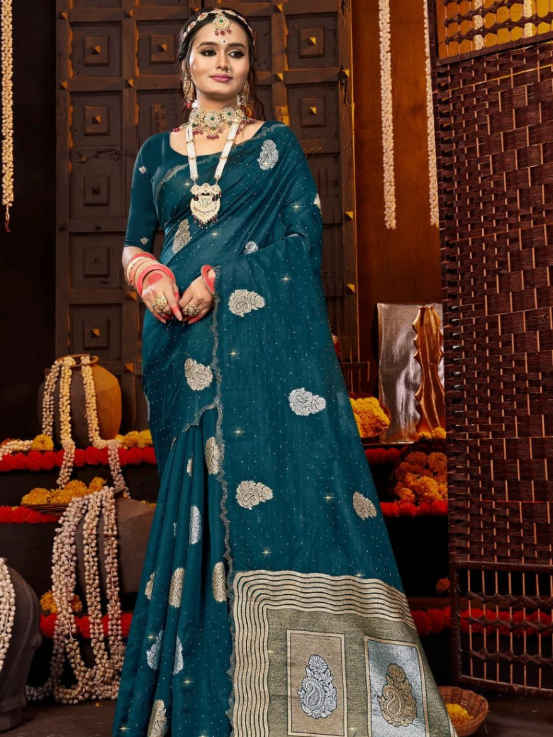 Soft Organja Cut Work Border With Swarovski Work Saree