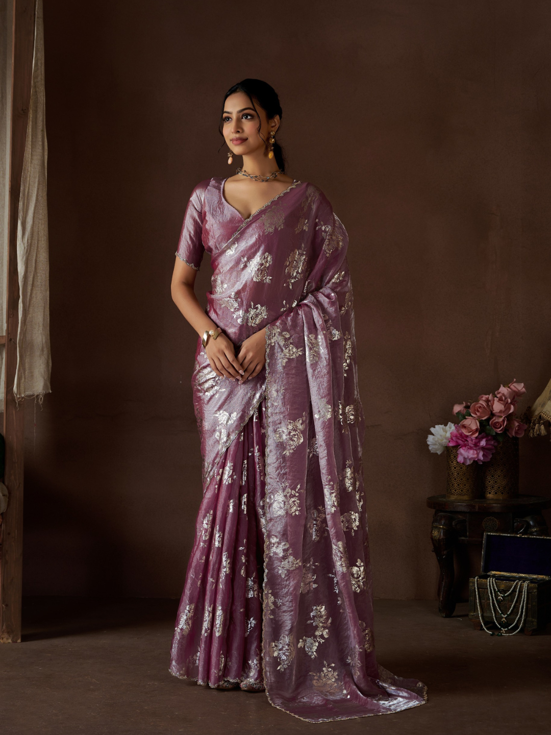 Premium NC Satin Silk Saree with Stunning Zarkan Borders and Foil Artistry