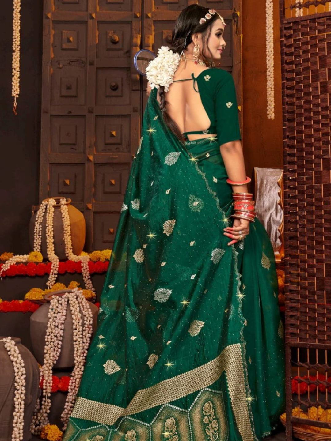 Soft Organja Cut Work Border With Swarovski Work Saree
