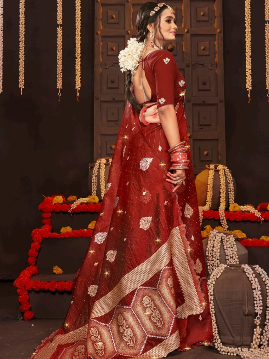 Soft Organja Cut Work Border With Swarovski Work Saree