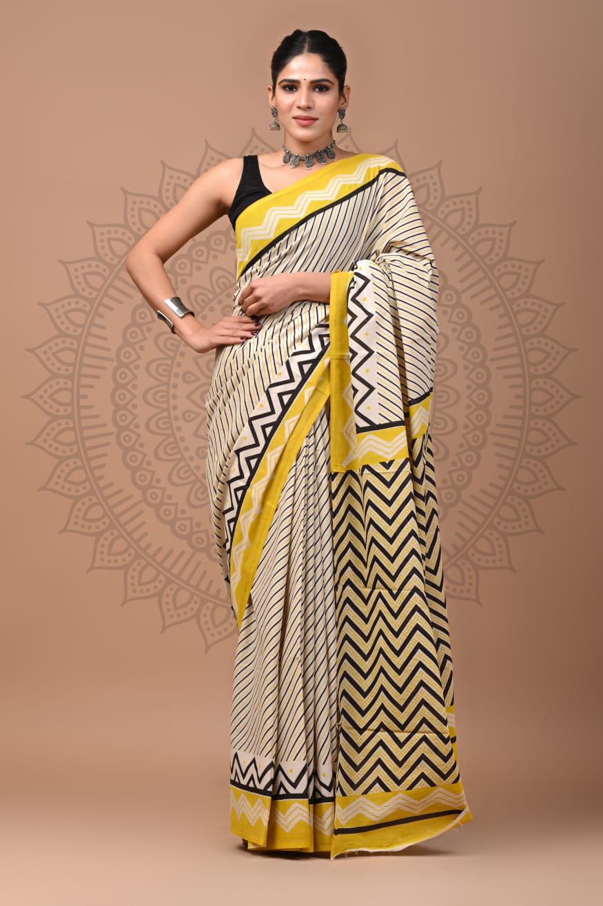 Handblock Printed Pure Cotton Mulmul Saree for Women - Soft & Lightweight
