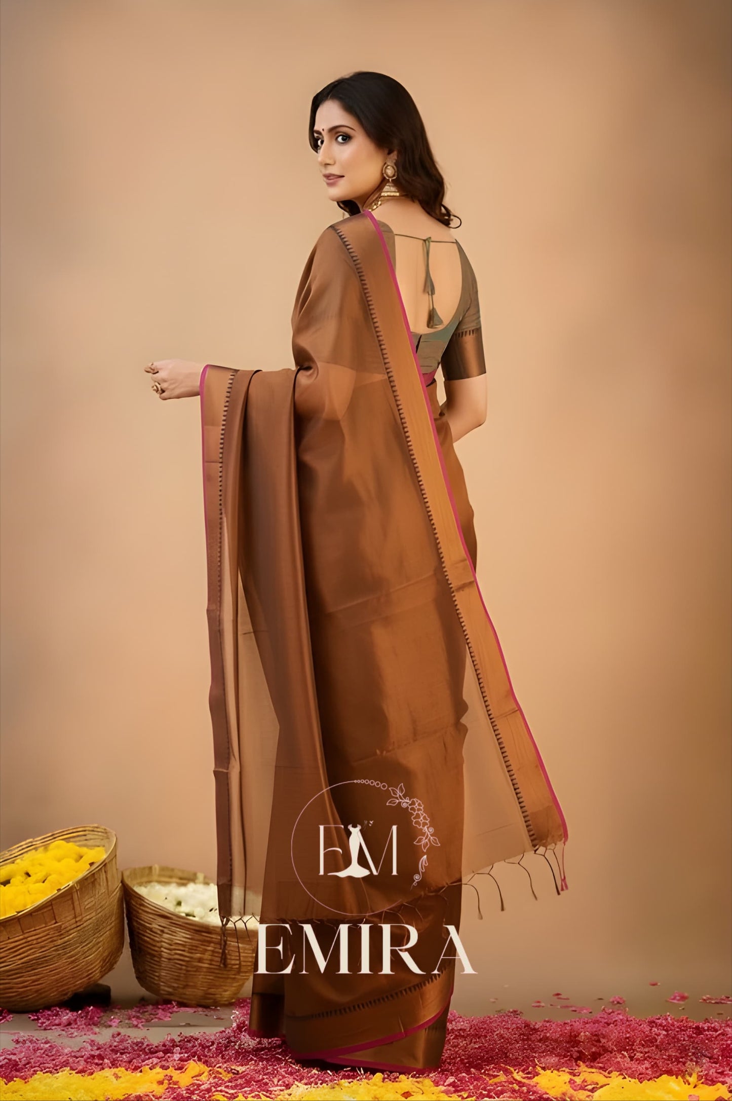 Emira Copper Handloom Style Cotton Tissue Saree
