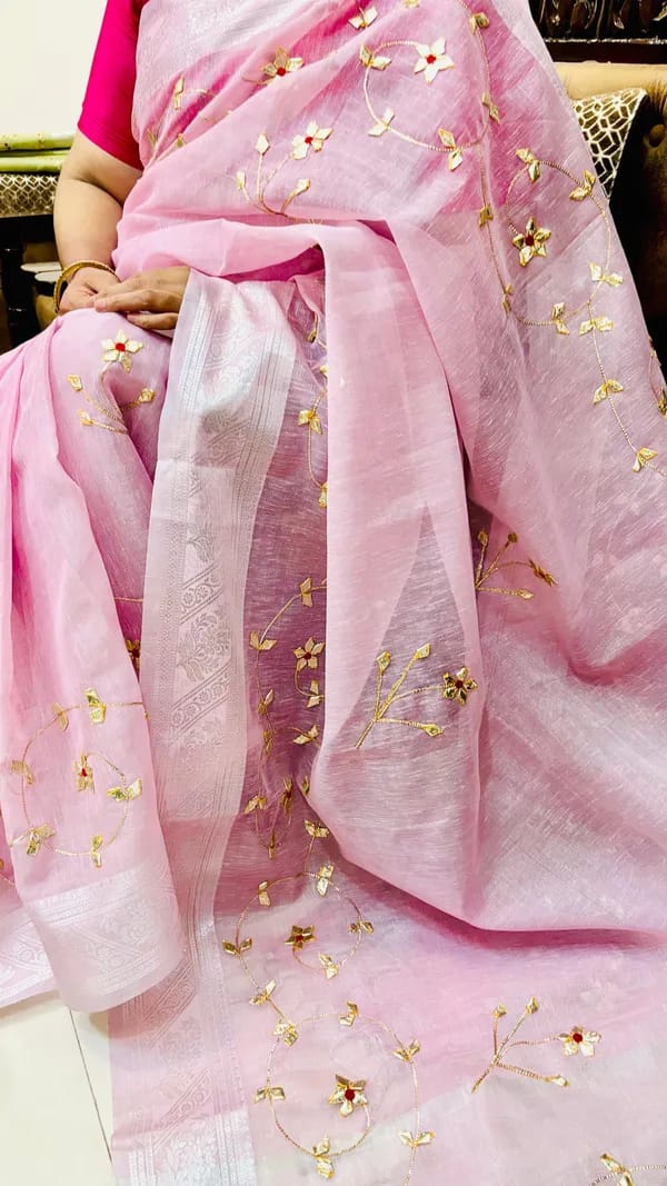 Premium Linen Tissue Sarees With Handcrafted Kacchi Patti Work