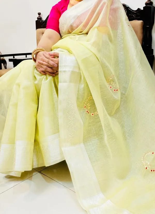 Handcrafted Pitta Embroidery Linen Tissue Saree