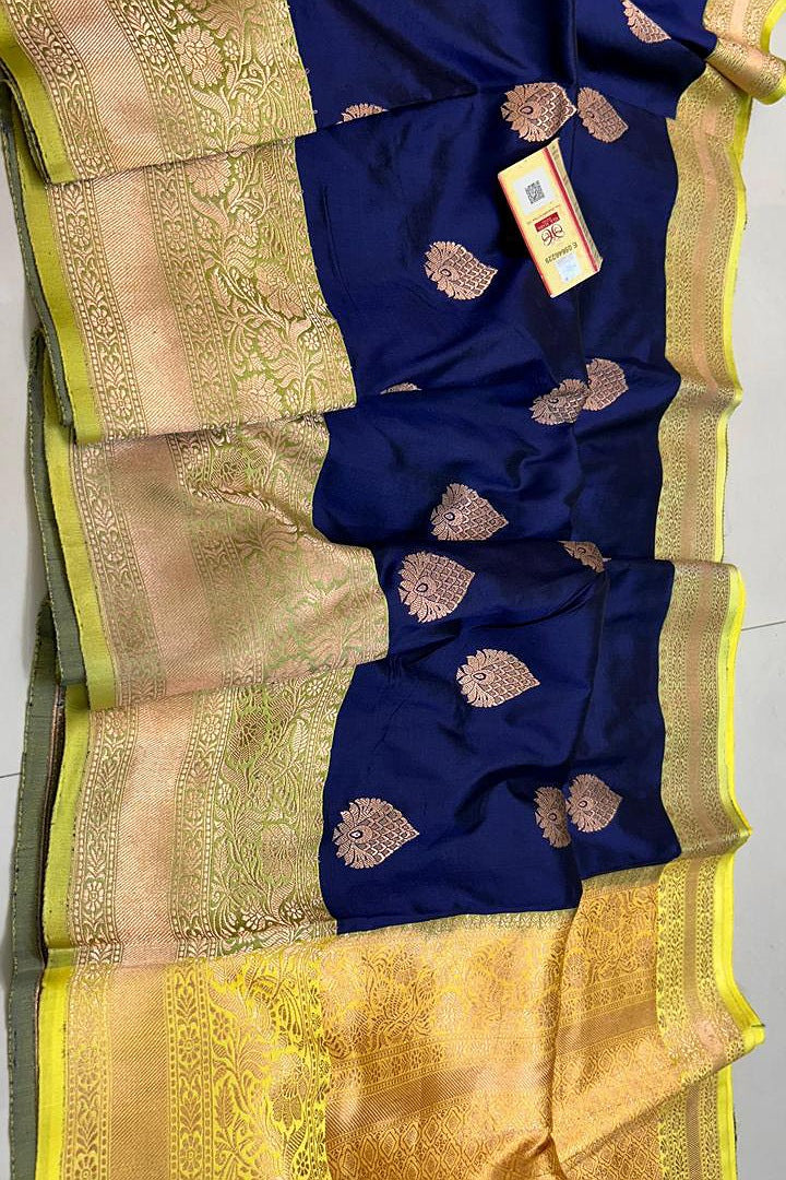 Pure Handloom Banarasi Katan Silk Saree with Kaduwa Antique Zari & Contrast Blouse | Authentic Handloom Work