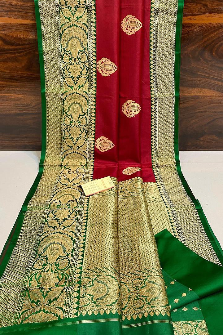 Pure Handloom Banarasi Katan Silk Saree with Kaduwa Antique Zari & Contrast Blouse | Authentic Handloom Work