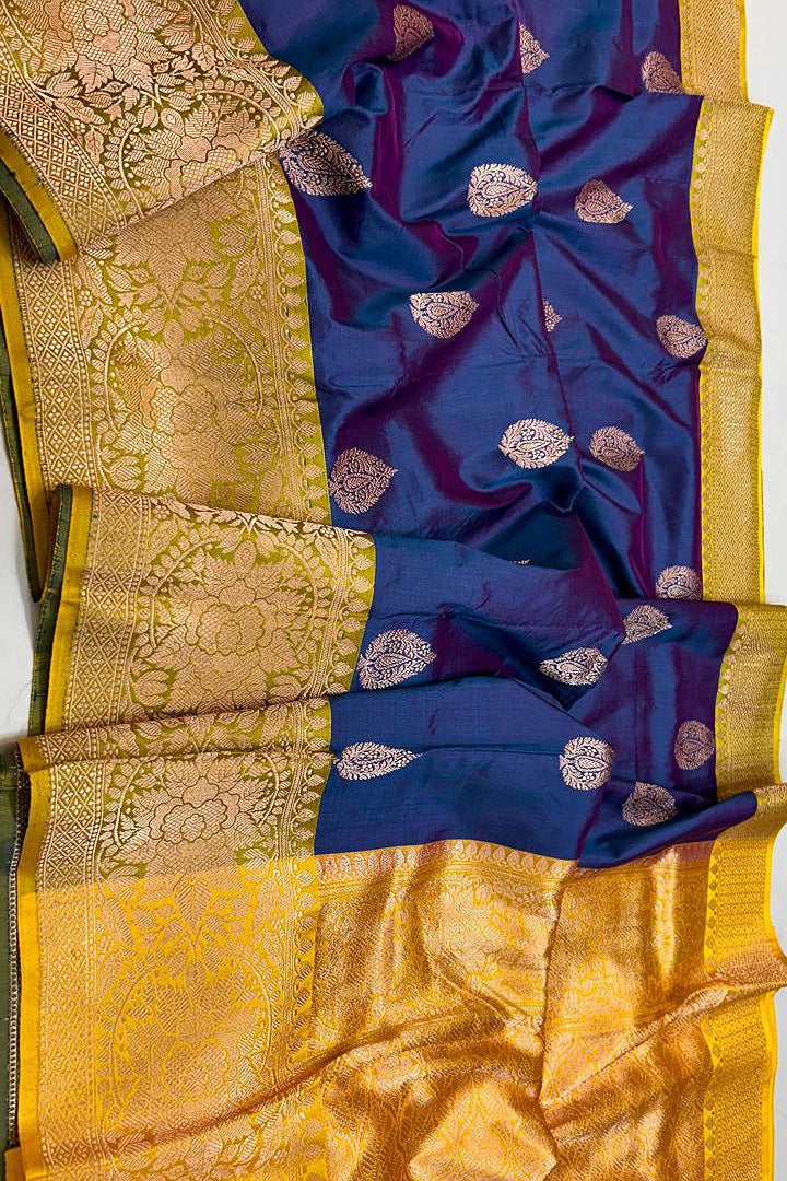 Pure Handloom Banarasi Katan Silk Saree with Kaduwa Antique Zari & Contrast Blouse | Authentic Handloom Work