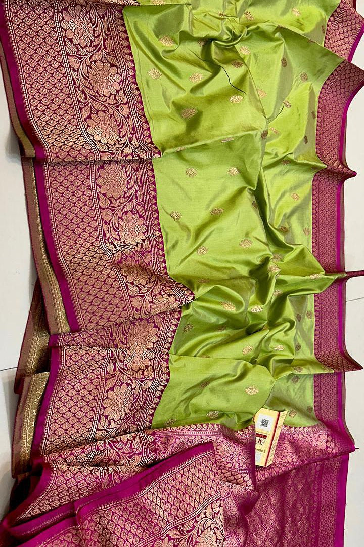 Pure Handloom Banarasi Katan Silk Saree with Kaduwa Antique Zari & Contrast Blouse | Authentic Handloom Work