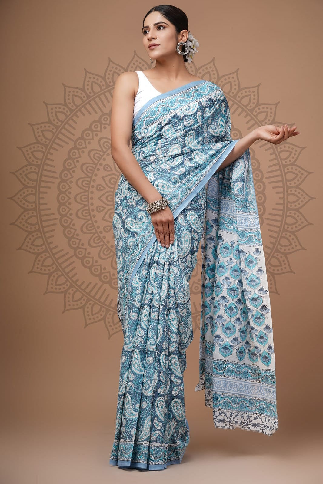 Handblock Printed Pure Cotton Mulmul Saree for Women - Soft & Lightweight
