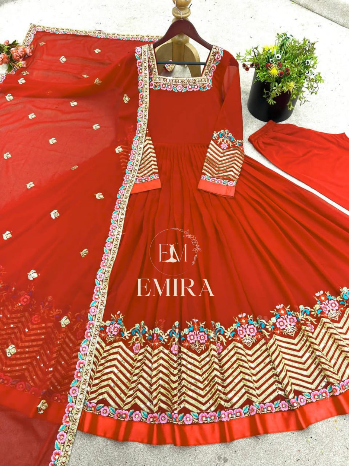 Emira Elegant Embroidered Sequence Designer Anarkali Three Piece Set.