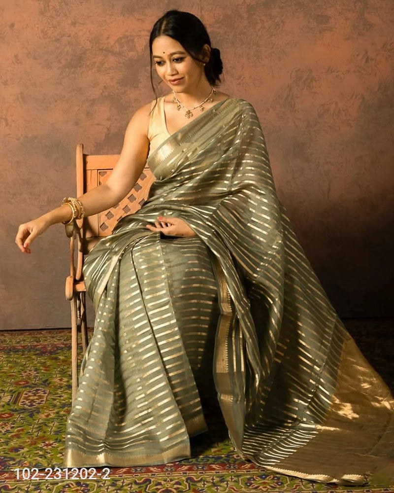 Kora Organza Zari Stripe Work Banarasi Saree
