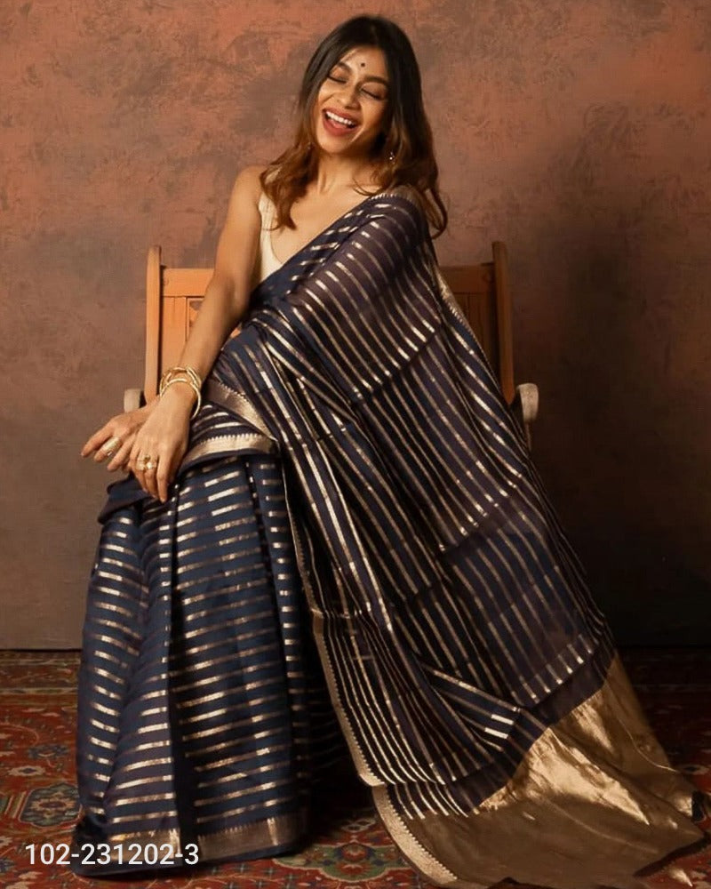 Kora Organza Zari Stripe Work Banarasi Saree