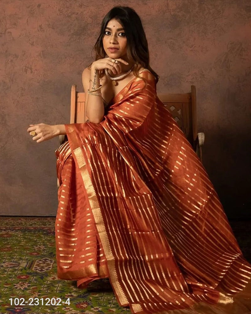 Kora Organza Zari Stripe Work Banarasi Saree