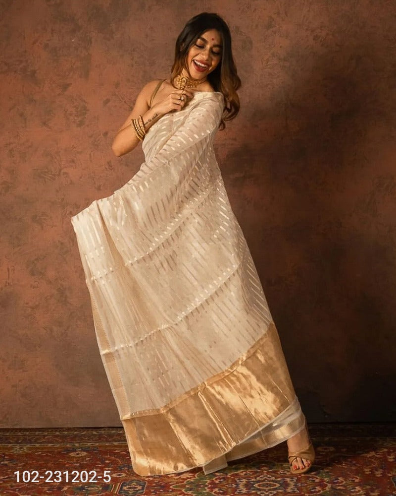 Kora Organza Zari Stripe Work Banarasi Saree
