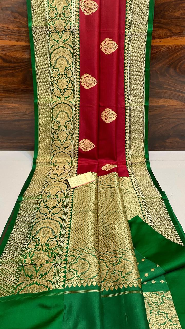Pure Handloom Banarasi Katan Silk Saree with Kaduwa Antique Zari & Contrast Blouse | Authentic Handloom Work