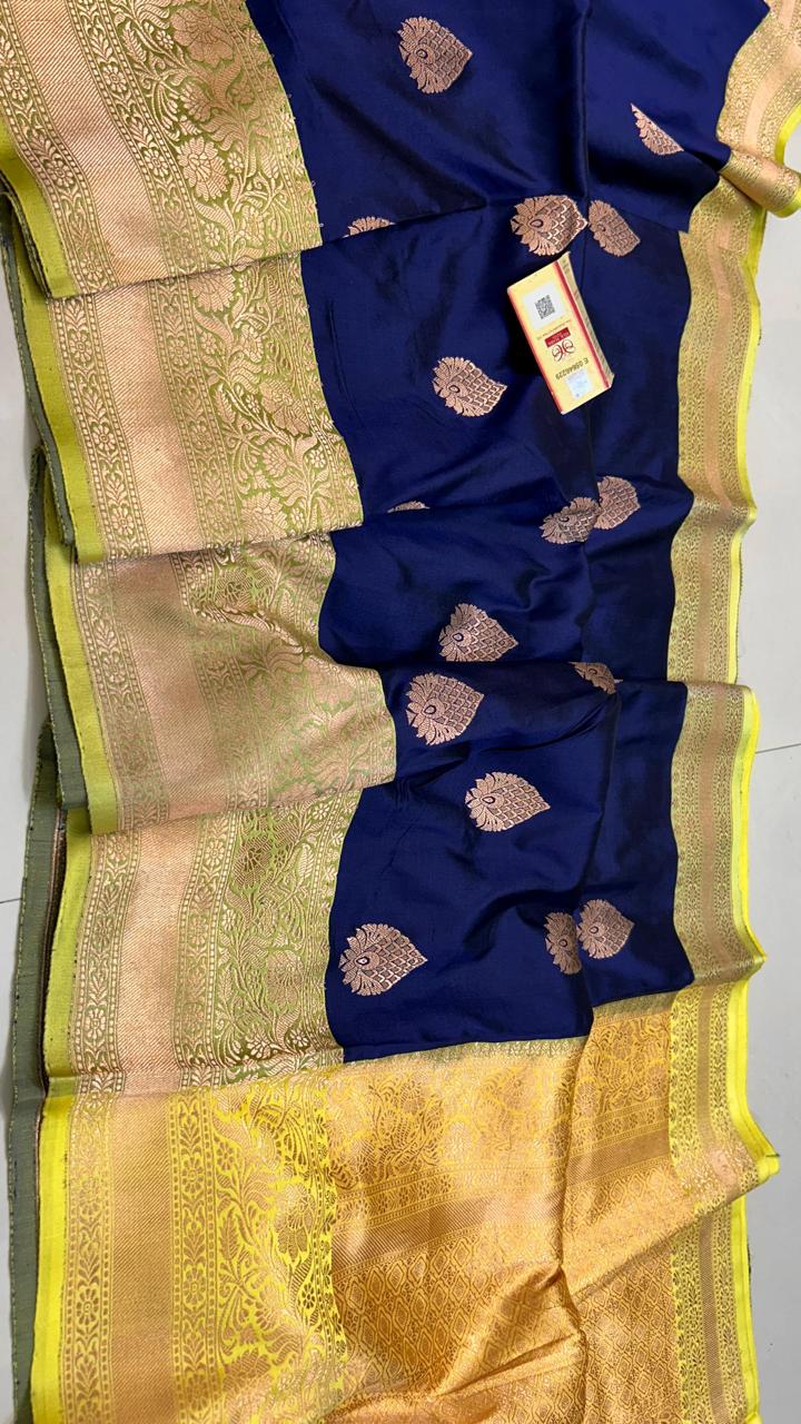 Pure Handloom Banarasi Katan Silk Saree with Kaduwa Antique Zari & Contrast Blouse | Authentic Handloom Work