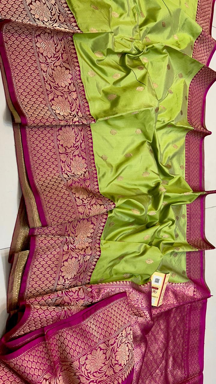 Pure Handloom Banarasi Katan Silk Saree with Kaduwa Antique Zari & Contrast Blouse | Authentic Handloom Work
