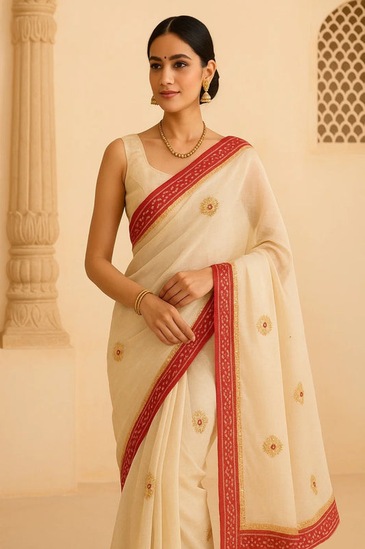 Elegant Kota Doria Saree With Bandhej Gotapatti Border And Two Blouses