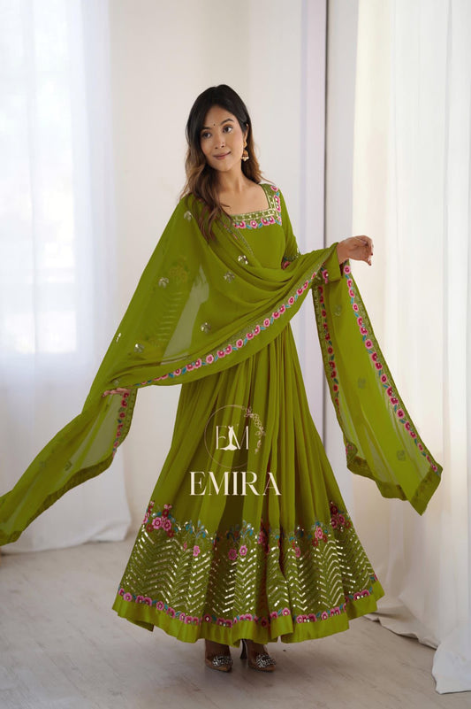 Emira Elegant Embroidered Sequence Designer Anarkali Three Piece Set.