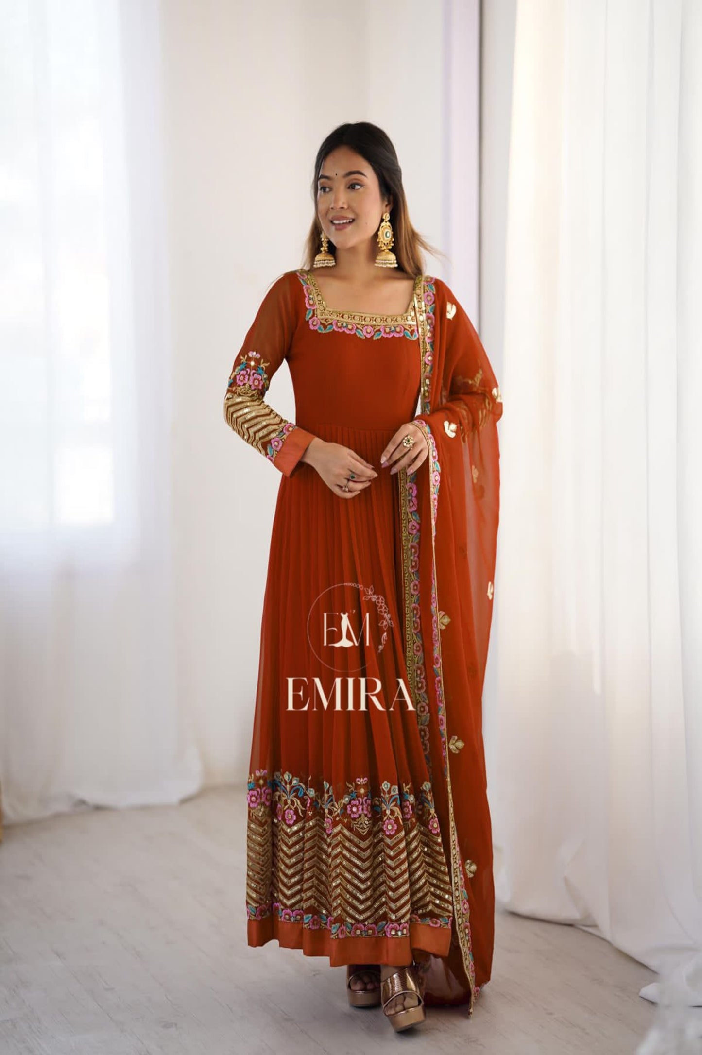 Emira Elegant Embroidered Sequence Designer Anarkali Three Piece Set