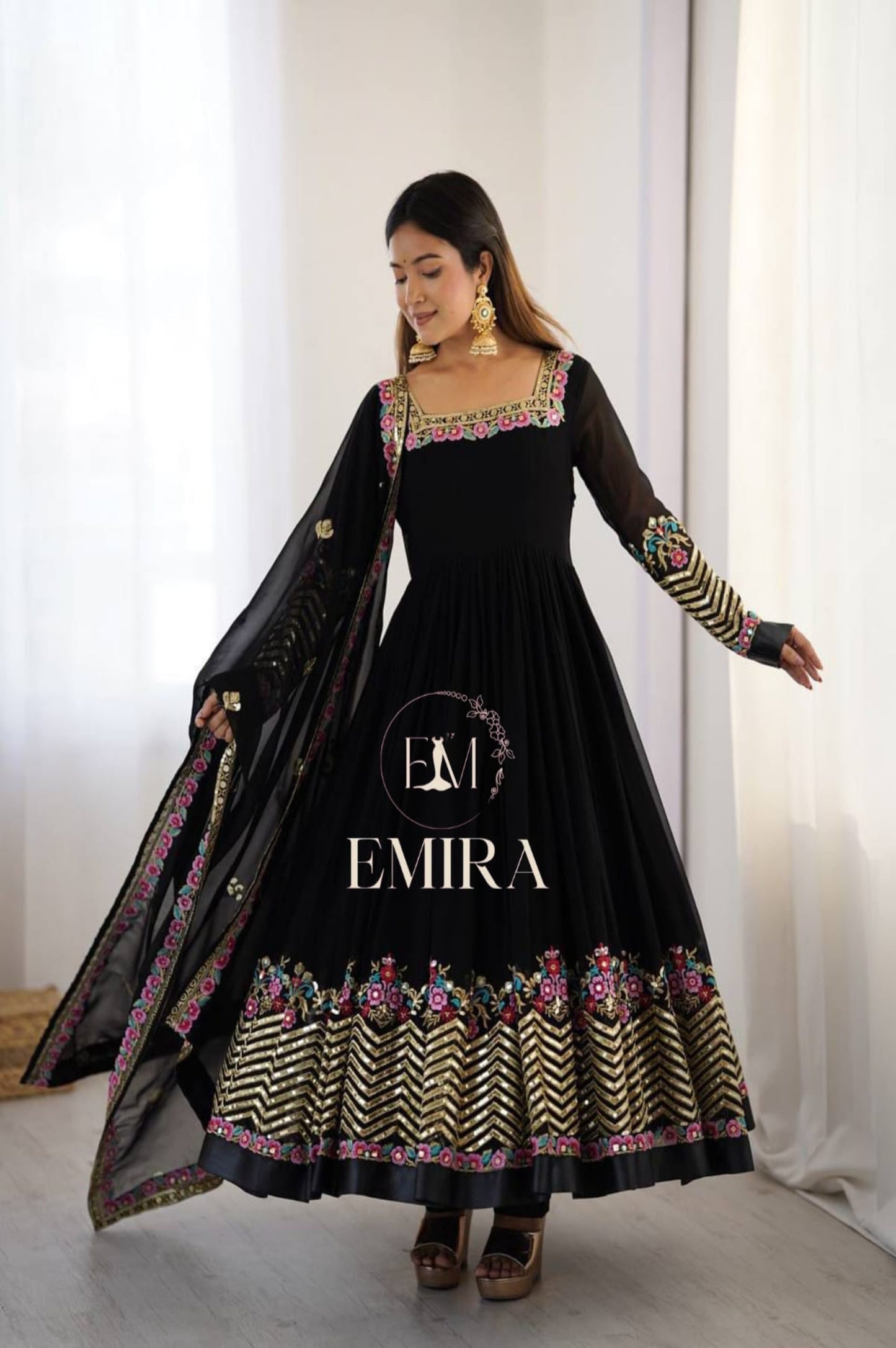 Emira Elegant Embroidered Sequence Designer Anarkali Three Piece Set.