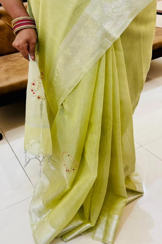 Handcrafted Pitta Embroidery Linen Tissue Saree
