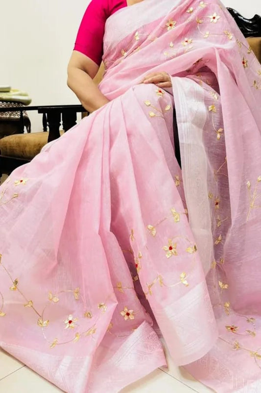 Premium Linen Tissue Sarees With Handcrafted Kacchi Patti Work