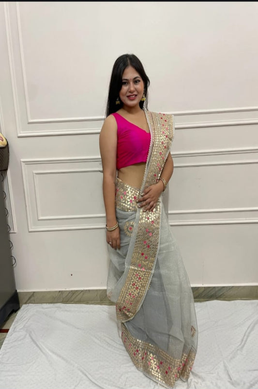 Kota Doria Zari Check Saree With Heavy Gotapatti Work & Dupian Blouse