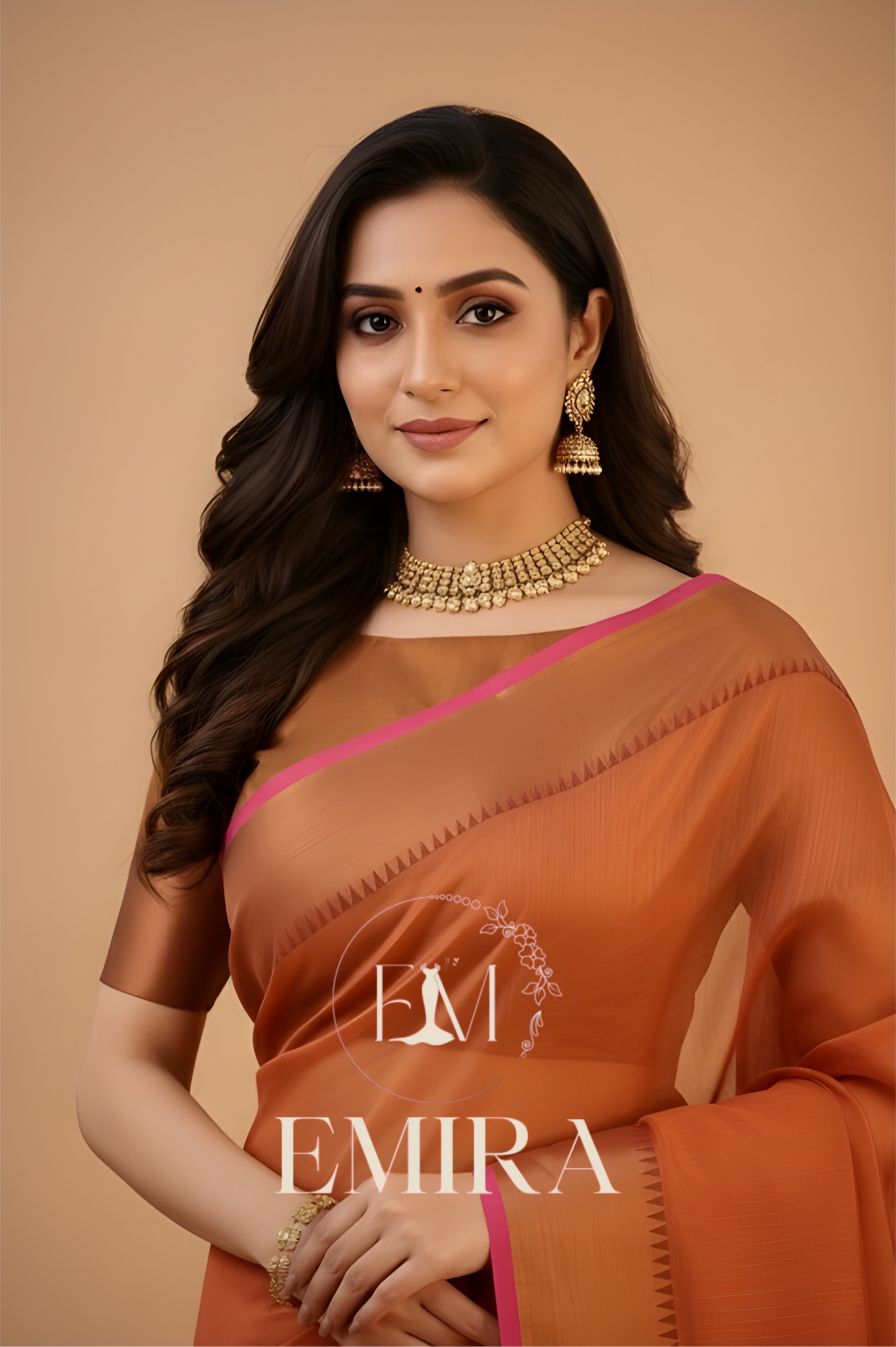 Emira Orange Handloom Style Cotton Tissue Saree