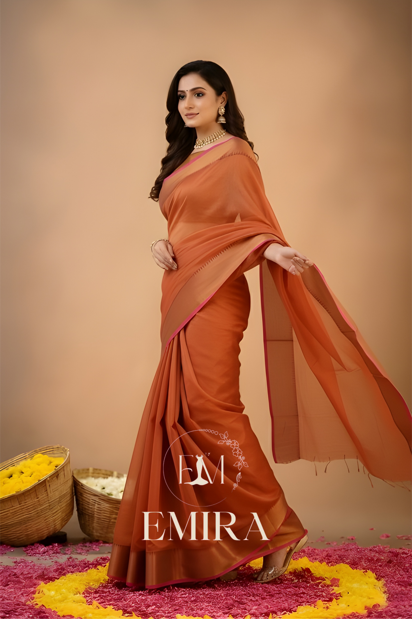 Emira Orange Handloom Style Cotton Tissue Saree