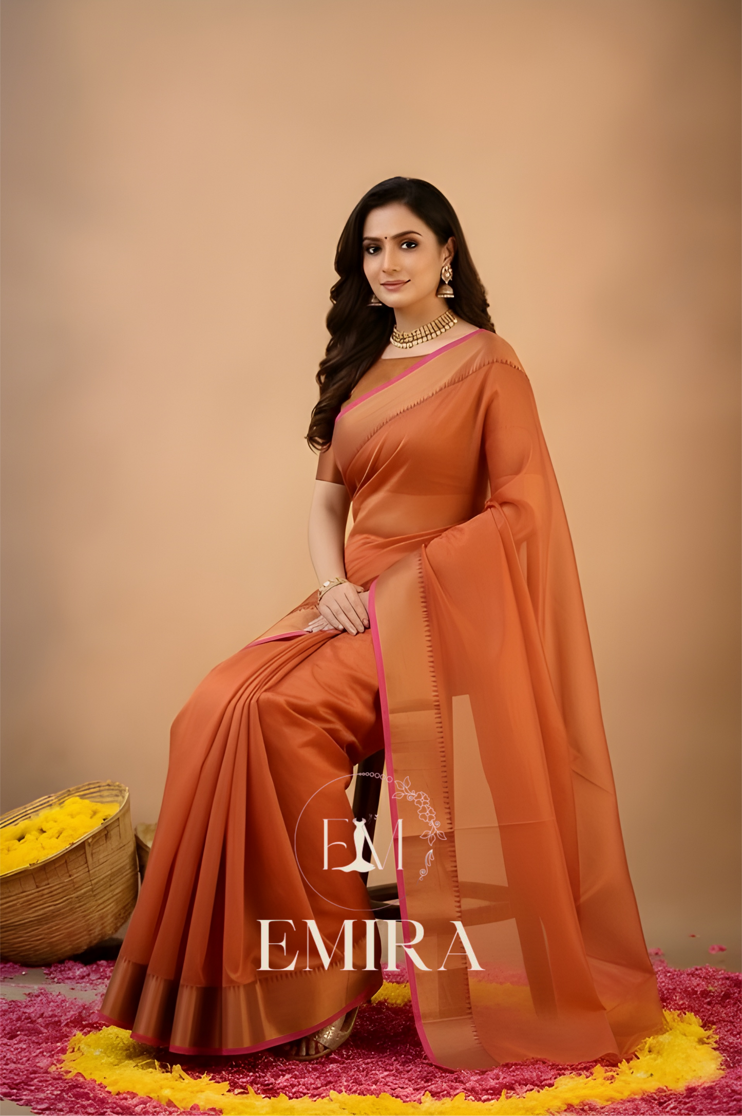 Emira Orange Handloom Style Cotton Tissue Saree