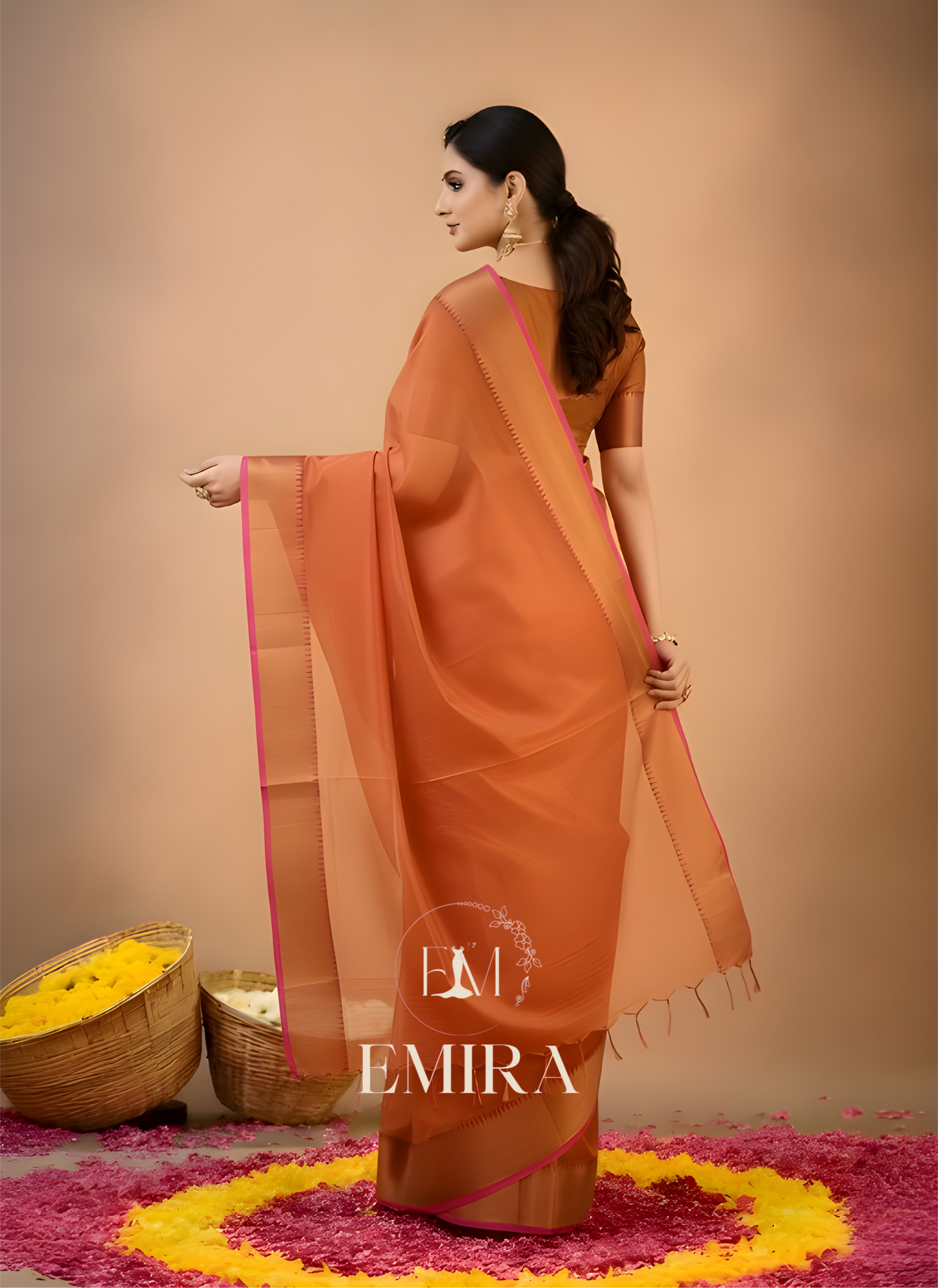 Emira Orange Handloom Style Cotton Tissue Saree