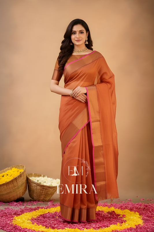 Emira Orange Handloom Style Cotton Tissue Saree