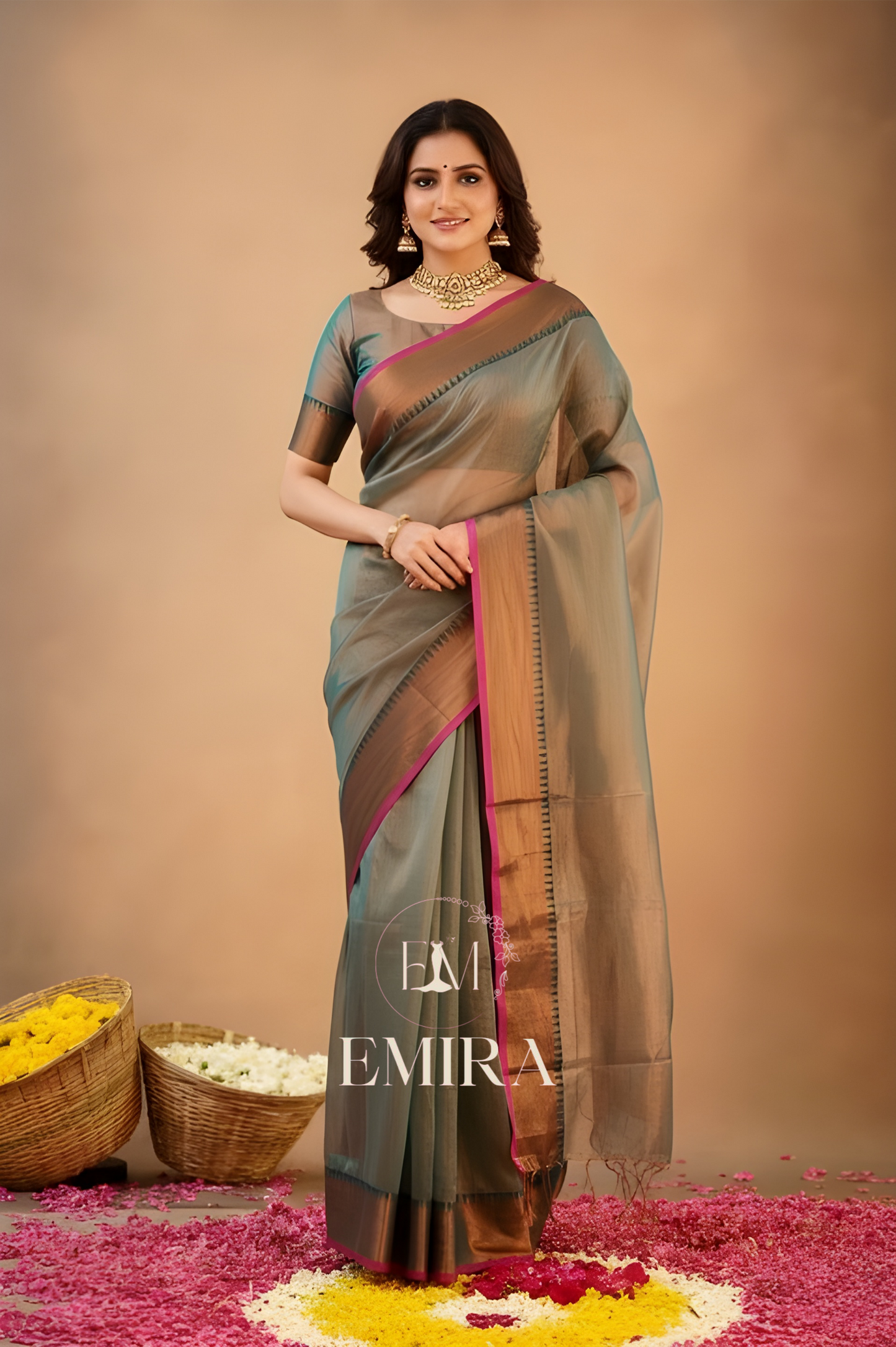 Emira Rama Green Handloom Style Cotton Tissue Saree