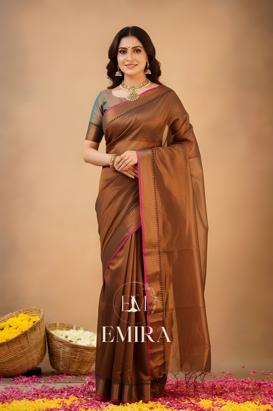 Emira Copper Handloom Style Cotton Tissue Saree