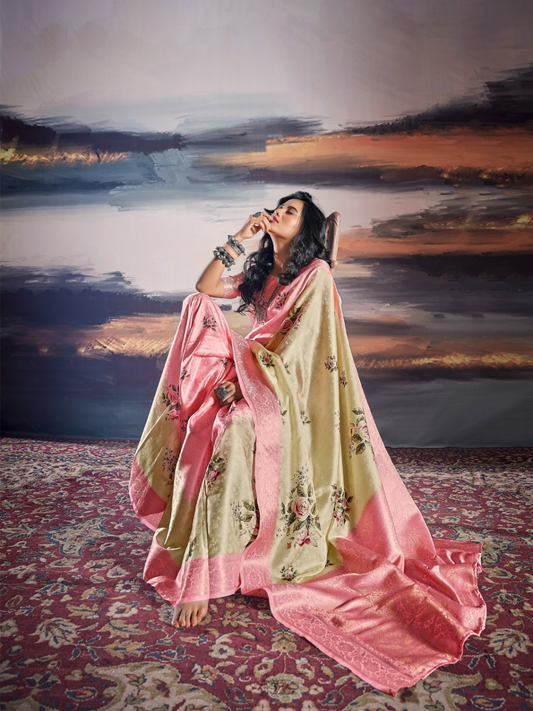 Floral Symphony Pink Digital Print Satin Silk Saree