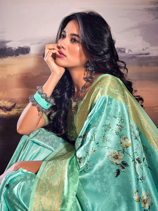 Floral Symphony Sea Green Digital Print Satin Silk Saree