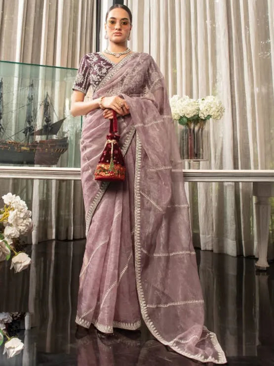 Lustrous Petal Organza Saree with Stunning Threadwork Design