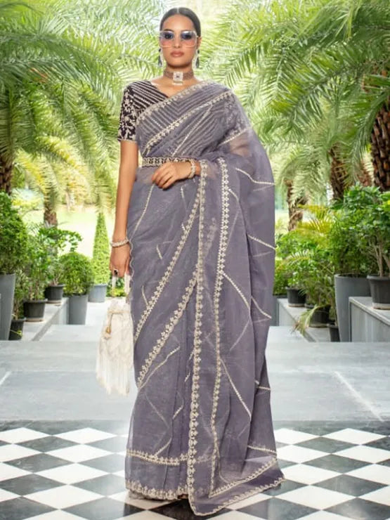 Lustrous Petal Organza Saree with Stunning Threadwork Design