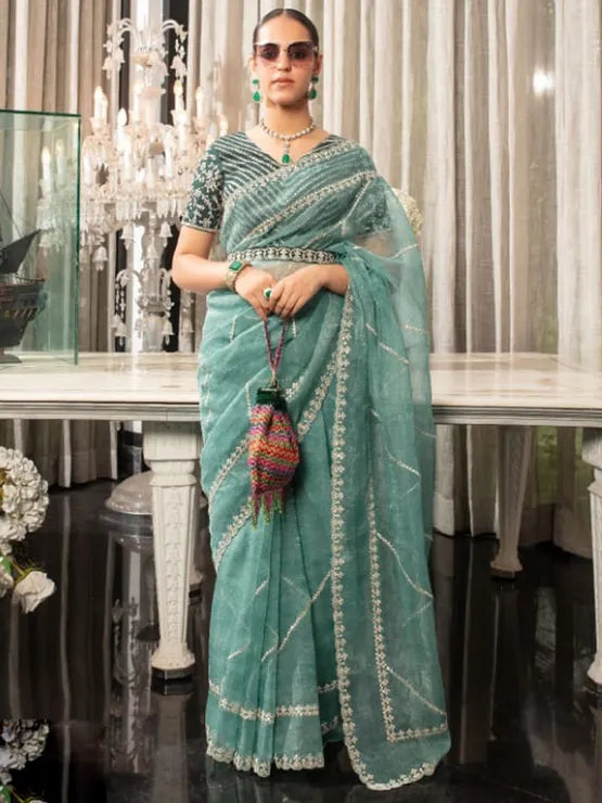 Lustrous Petal Organza Saree with Stunning Threadwork Design