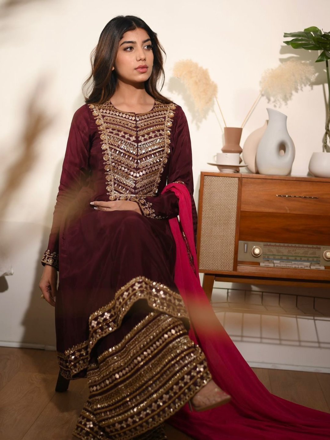 Maroon Embroidered Kurta Set