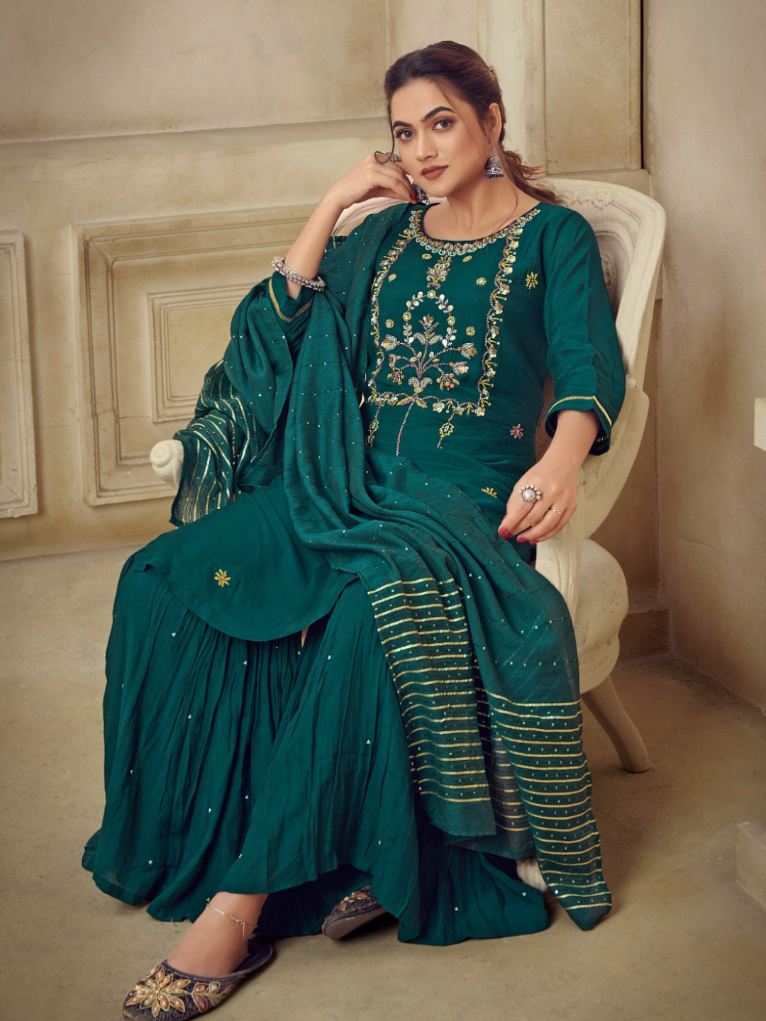 Elegant Muslin Kurta Sharara Set with Viscose Dupatta and Intricate Embroidery