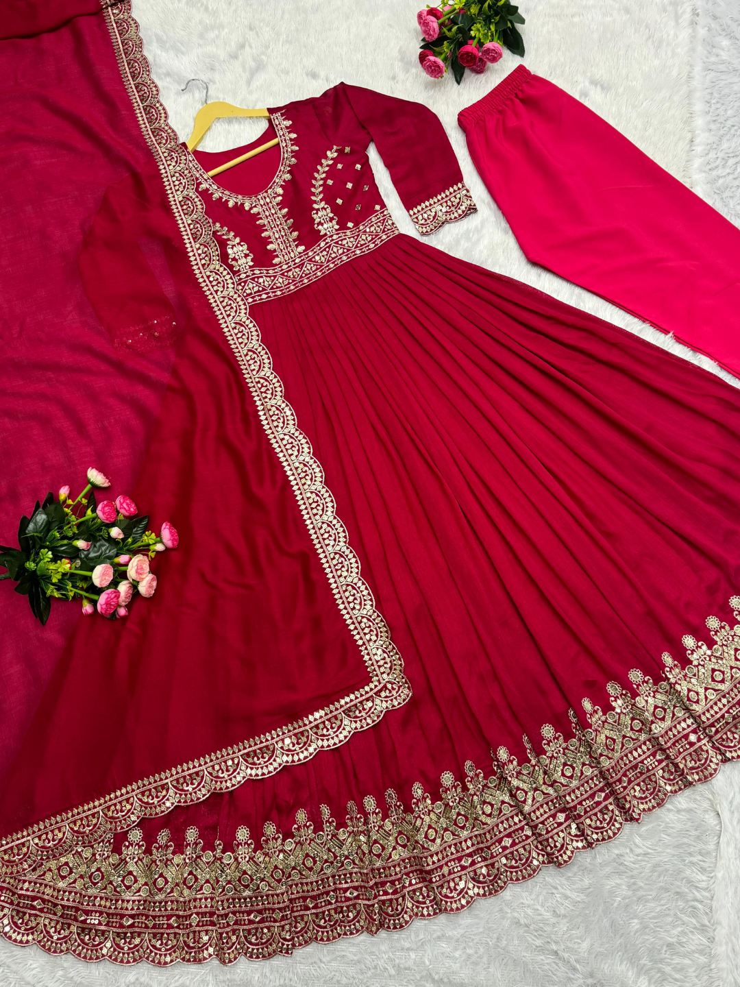 Cherry Red Anarkali Gown With Dupatta and trousers