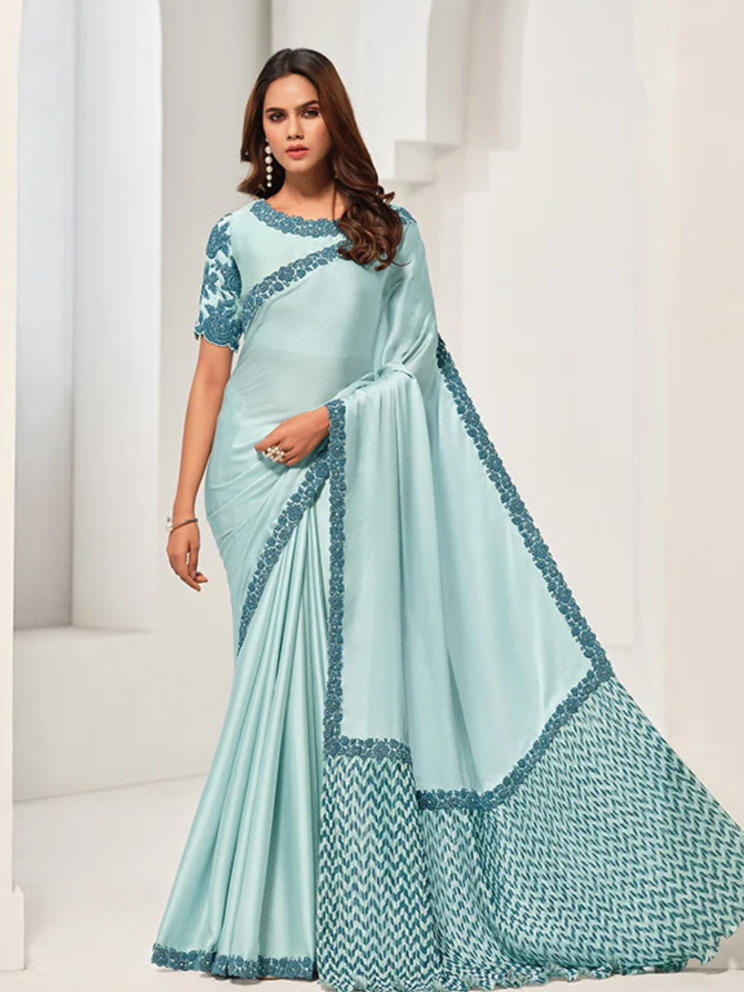 Lustrous Light Blue Crepe Satin Silk Saree